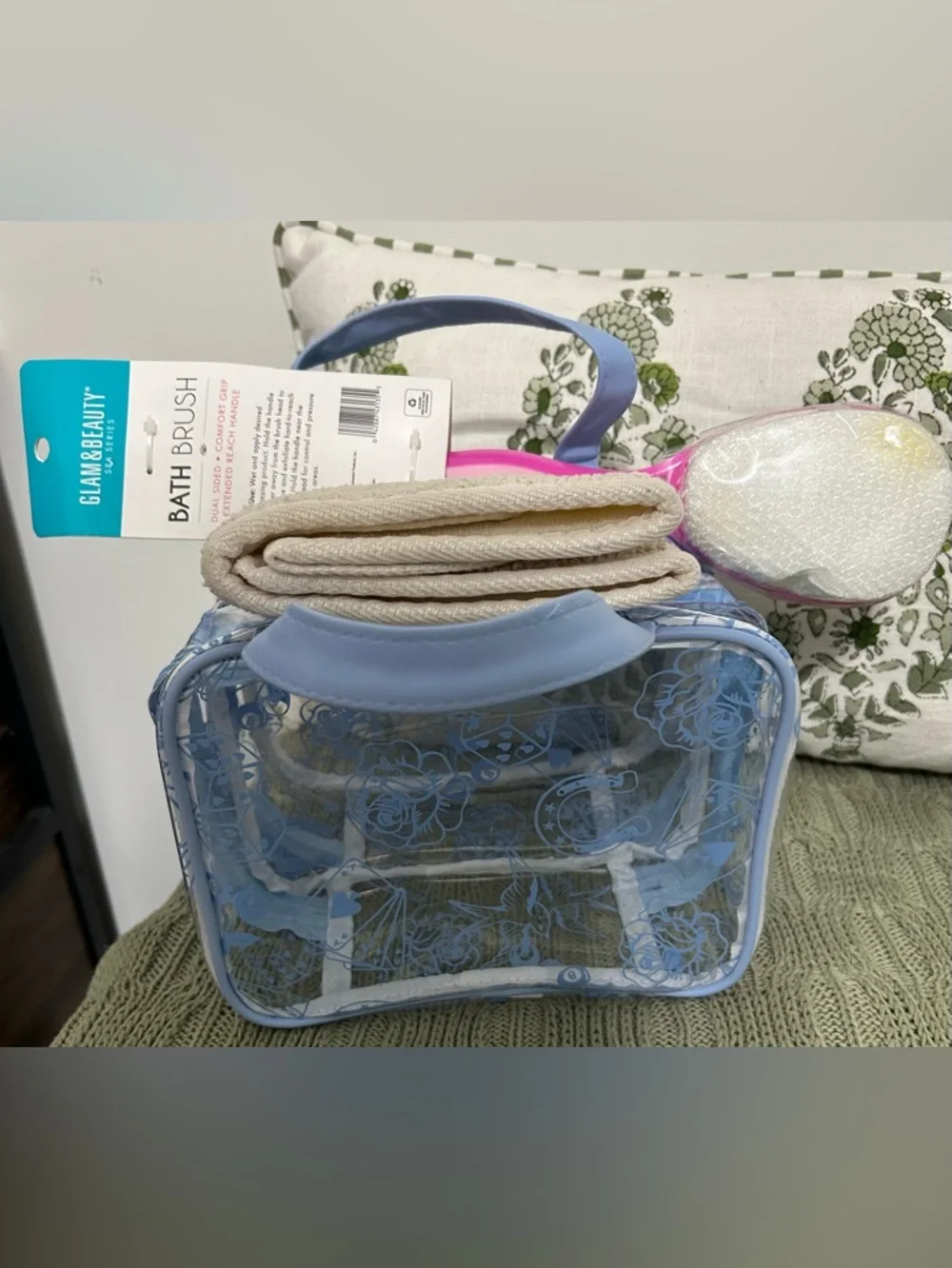 Wellness Bath Bundle: Blue/Clear Vinyl Toiletry Bag, Imported Soaps & Bath Brush